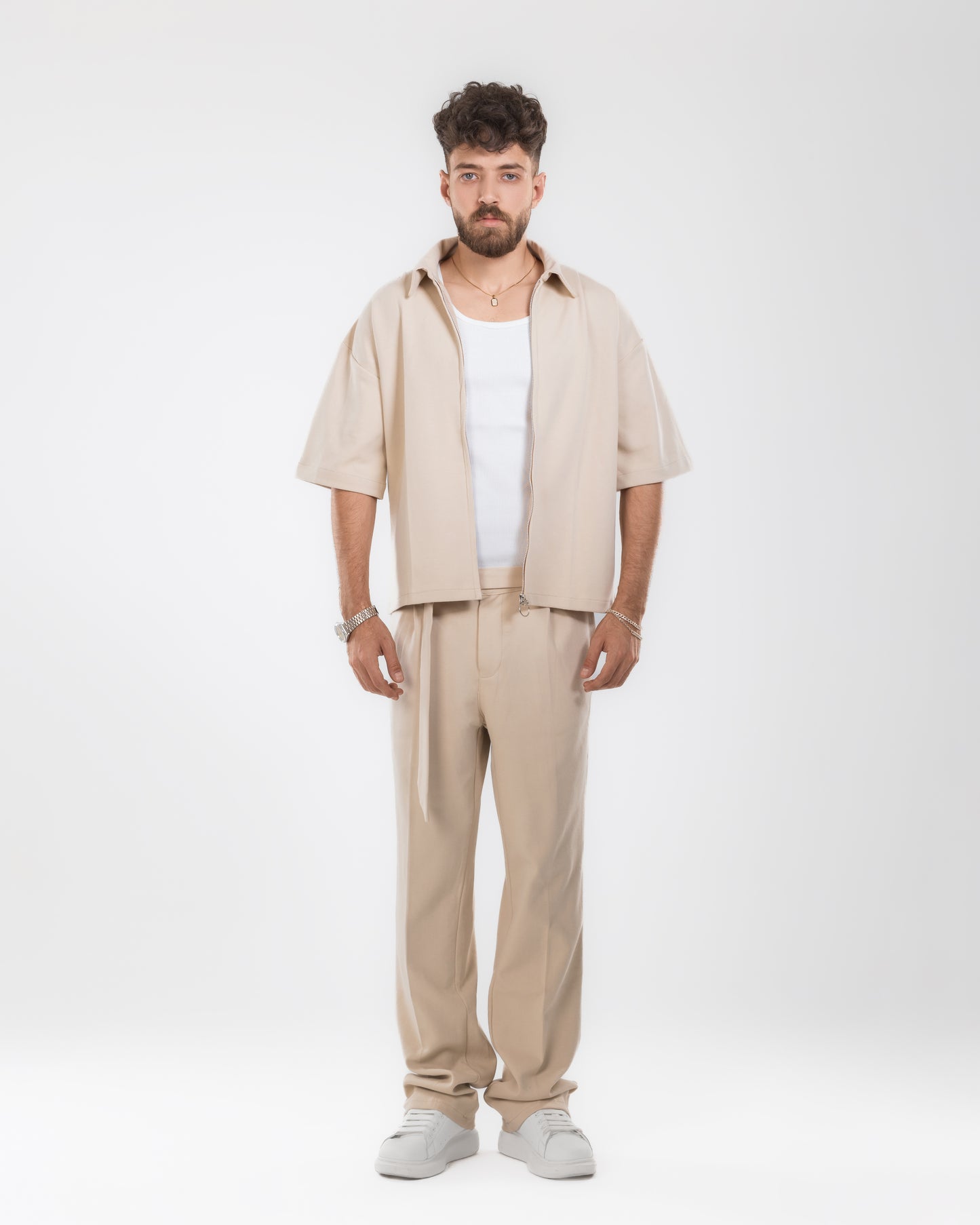 Boxy Fit Zip-Up Overshirt – Beige
