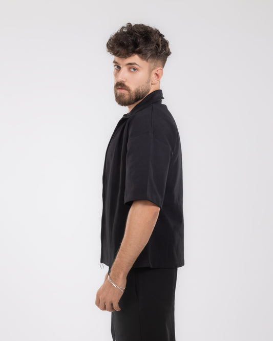 Boxy Fit Zip-Up Overshirt – Black
