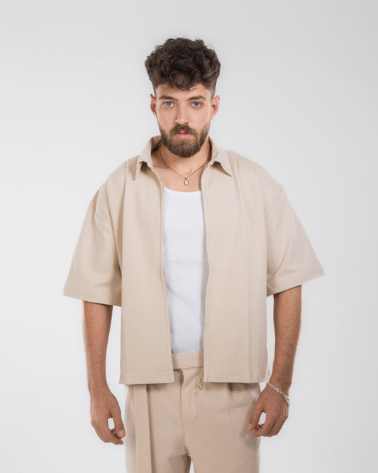 Boxy Fit Zip-Up Overshirt – Beige