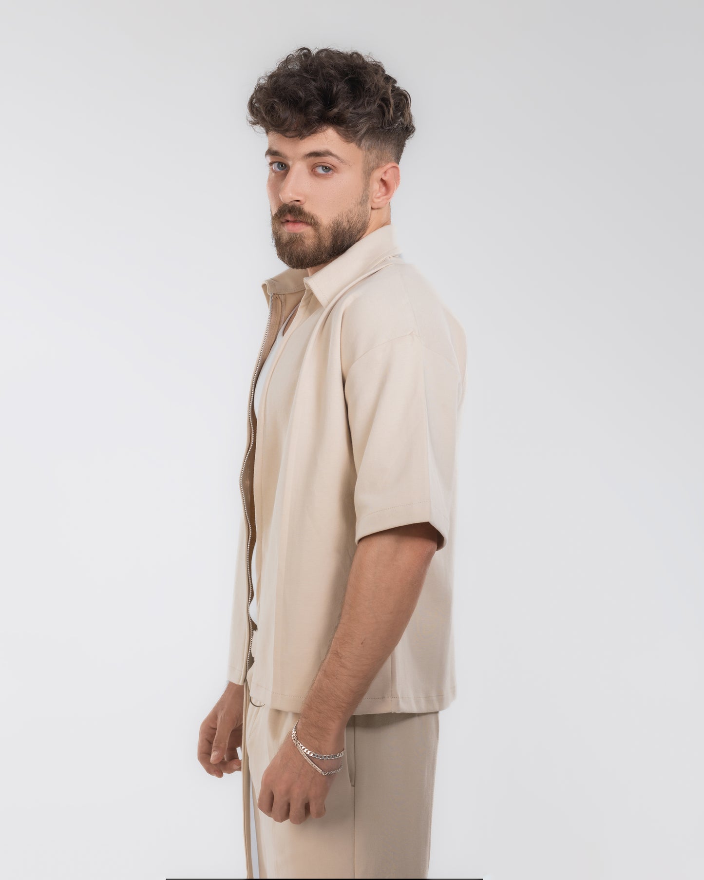 Boxy Fit Zip-Up Overshirt – Beige