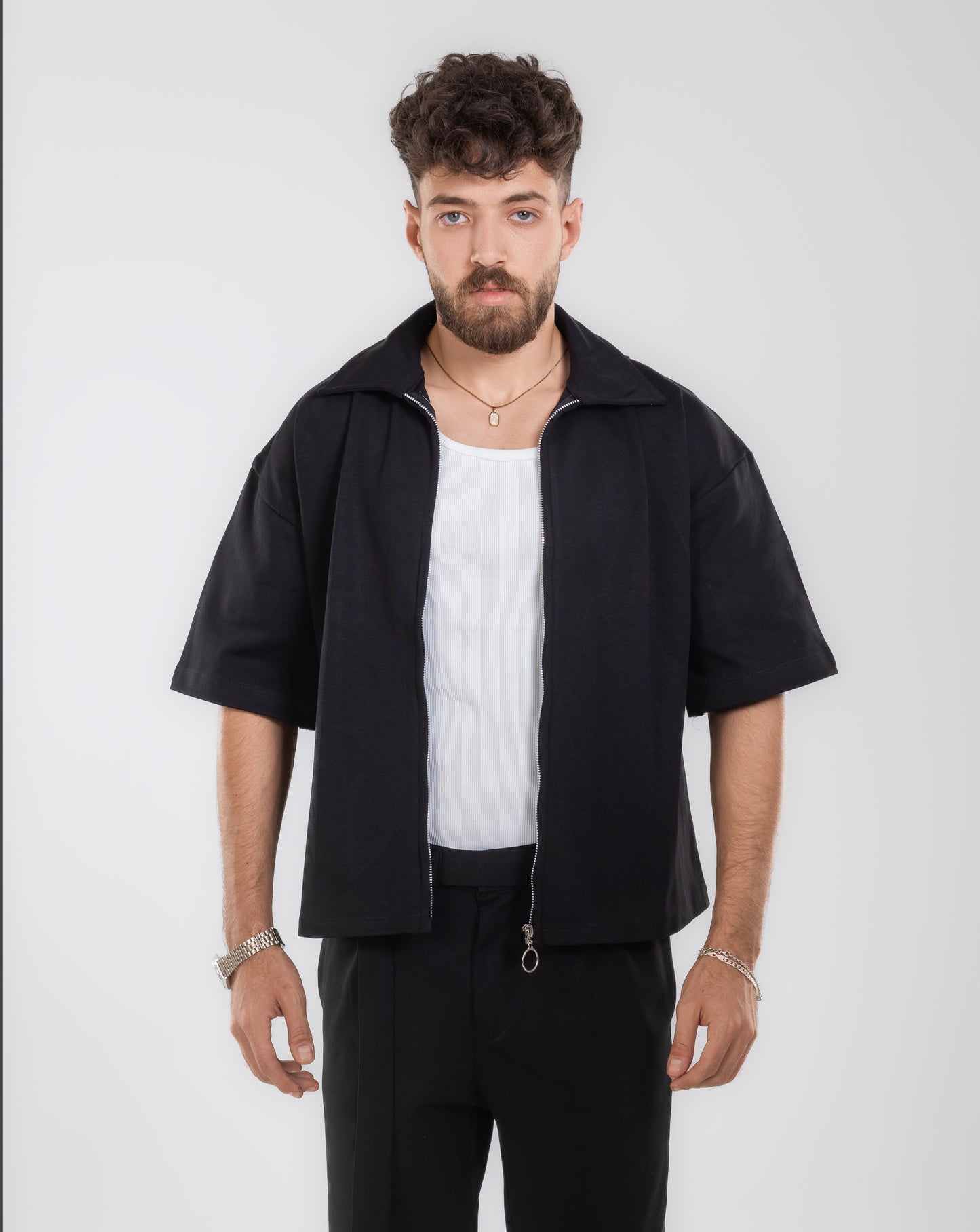 Boxy Fit Zip-Up Overshirt – Black