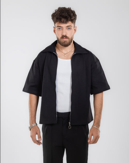 Boxy Fit Zip-Up Overshirt – Black